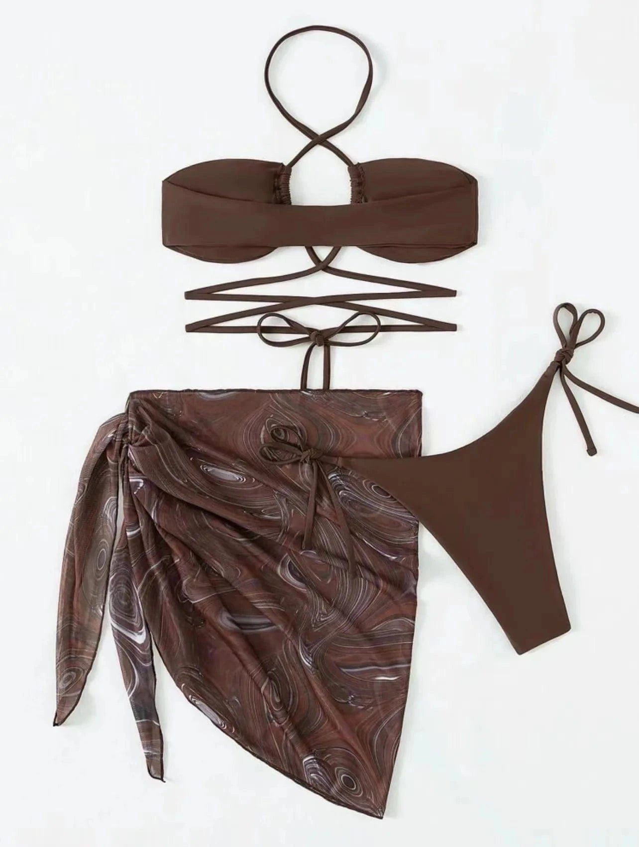 M / Brown TW75001 wholesale 2024 summer bathing suits beach wear  swimwear mature women sexy bikini set 3 piece swimsuit cover up dresses