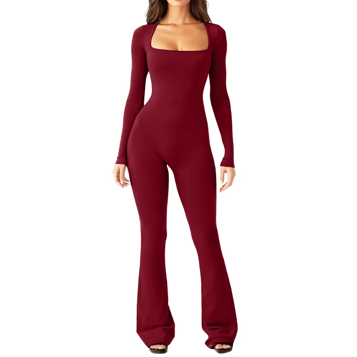 M / Burgundy DAMOCHIC Lady Jumpsuit Playsuit Bodysuits Bodycon Autumn Winter Long Sleeves Jumpsuit High Stretch Tight Skinny Long Jumpsuits