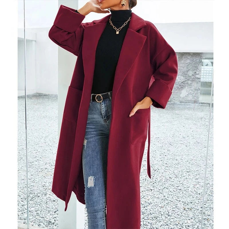 M / Burgundy DAMOCHIC New British Style Ladies Long Woolen Coat Fall Winter Elegant Casual Outwear with Belt Wool Blends Women Trench Coats