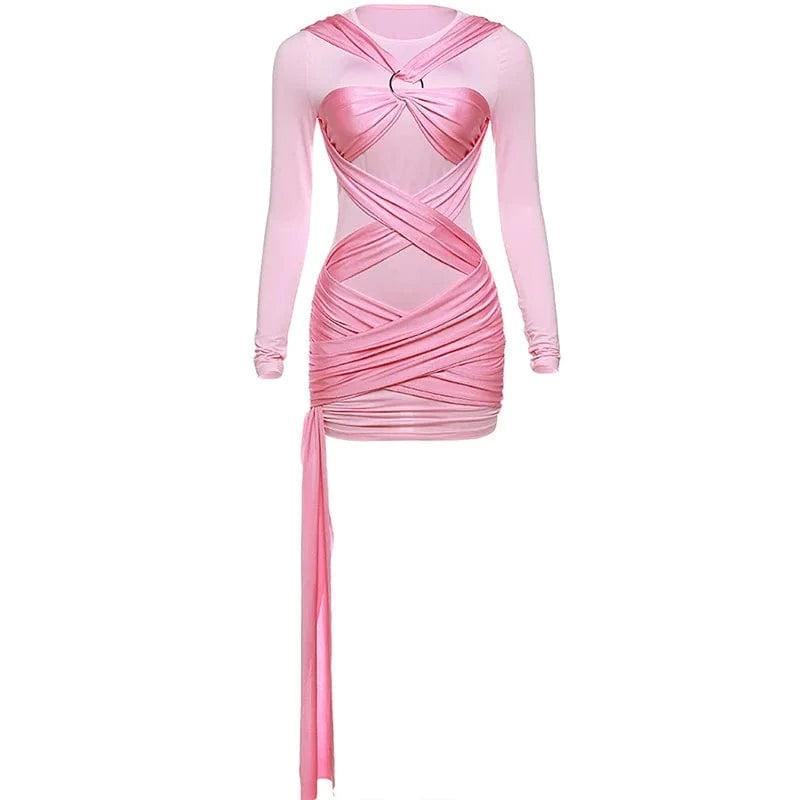 M / C321DS01 Pink Bomblook C321DS01 Spring 2024 New Patchwork Long Sleeve Sexy Mini Dress With Bandage Bodycon Streetwear Elegant Dresses Women