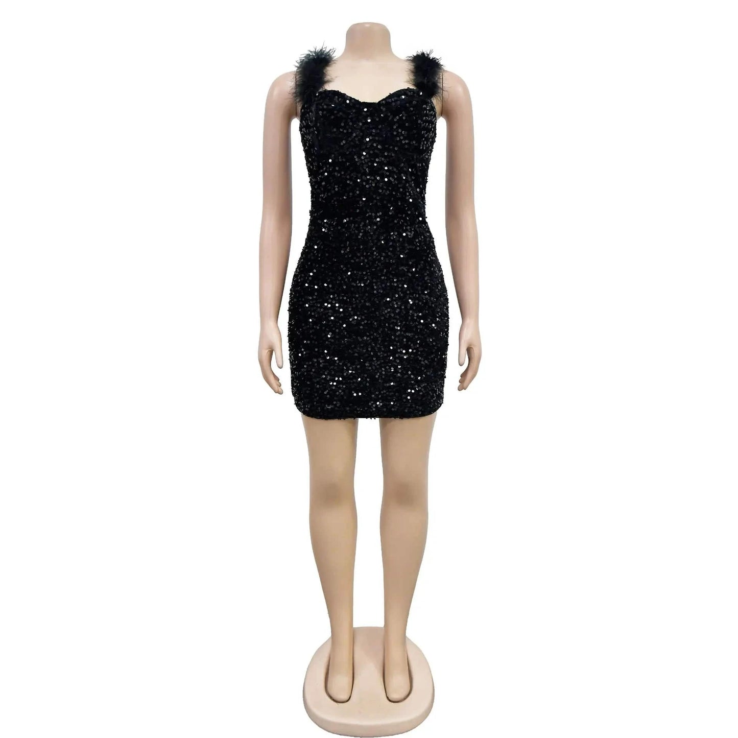 M / C402DS02 Black Bomblook C402DS02 Summer New Design Ladies Charm Women's Clothing Feather Outfits Mini Sequin Mini Dress 2024