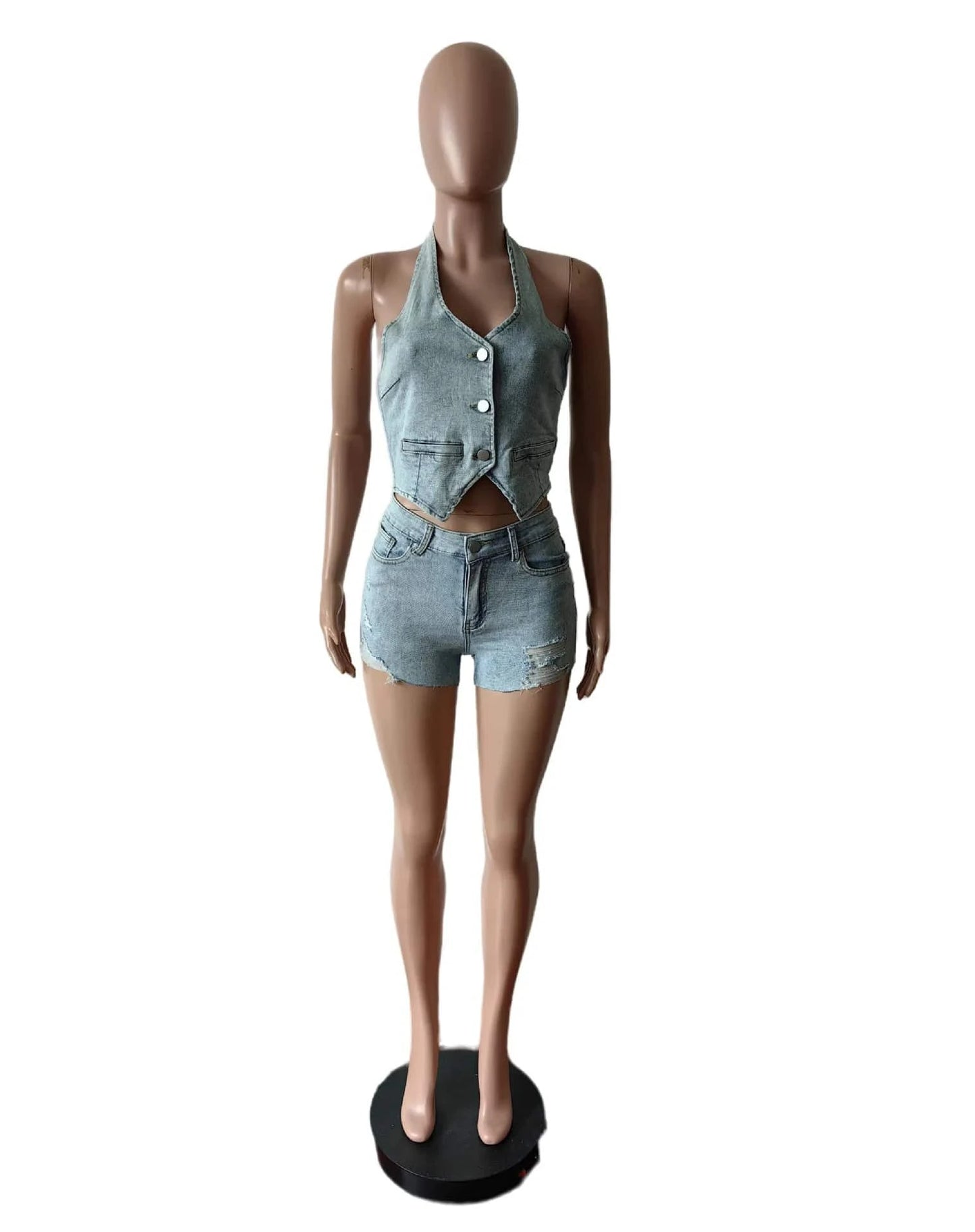 M / C505ST04 Light Blue Bomblook C505ST04 Trends Outfits Denim Tank Top New Design Outfits Streetwear 2 Piece Distressed Short Set Women Summer