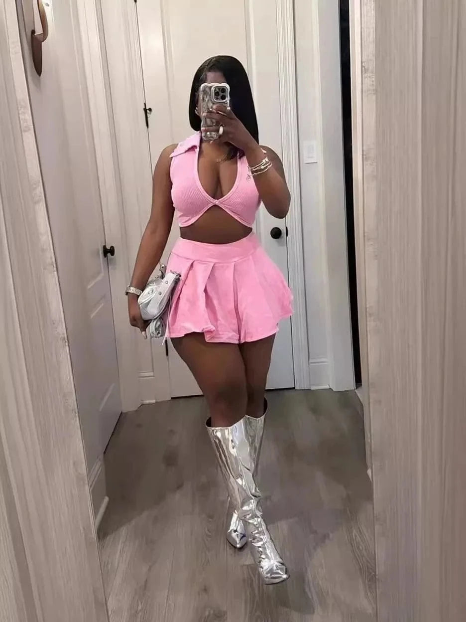 M / C520ST07 Pink Bomblook C520ST07 Fashion Ribbed Washed Streetwear 2 Piece Pleated Skirt Set Women Summer Casual Wear Deep V Neck Tweed Set