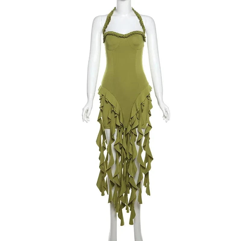 M / C531DS Green Bomblook C531DS Summer New Arrivals Womens Ruffle Dresses Mini Solid Color Sexy Ladies Fashion Dress With Tassels