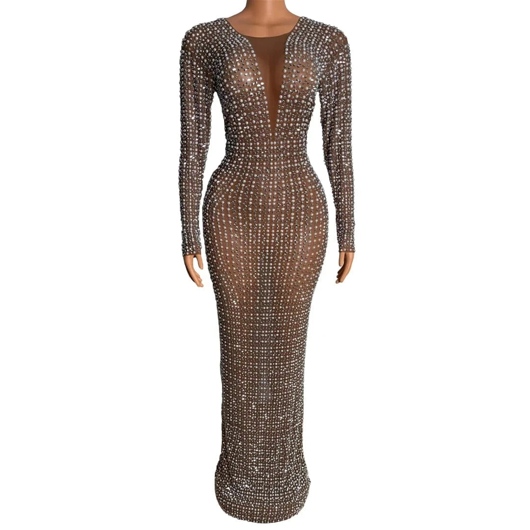 M / Champagne Saias Elegant Long Sleeve Rhinestone Pearls Bridal Wedding Birthday Dinner Gown Sexy Bodycon Maxi Prom Dress Women Evening Dress