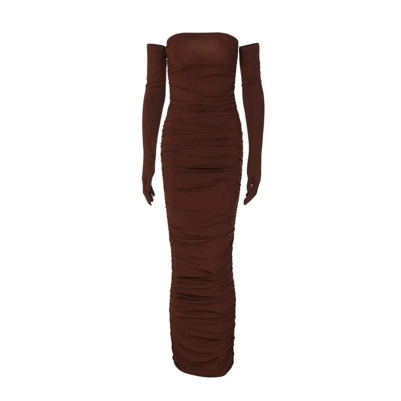 M / coffee Bomblook C1120DS Spring 2024 Women Outfits Clothing Solid Full Sleeve Sexy Dress Party Evening Wear Ruched Slash Neck Dresses