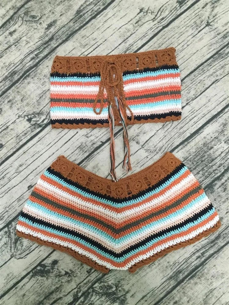 M / Coffee Colorful Stripes Bathing Suit Sexy biquini Womens Handmade Crochet knit Bikini Set Swimwear set Crop Top Shorts