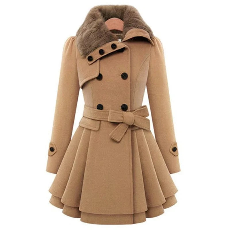 M / Coffee Wholesale New Fashion Women Girls Fur Collar design warm long plus size double breast button belt sur collar winter coat women