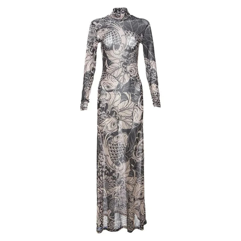 M / Color-1 30% Off Mesh Printed Women Maxi Dress Full Sleeve Bodycon High Street Party Attirewear See Through Long Dress for Wholesale