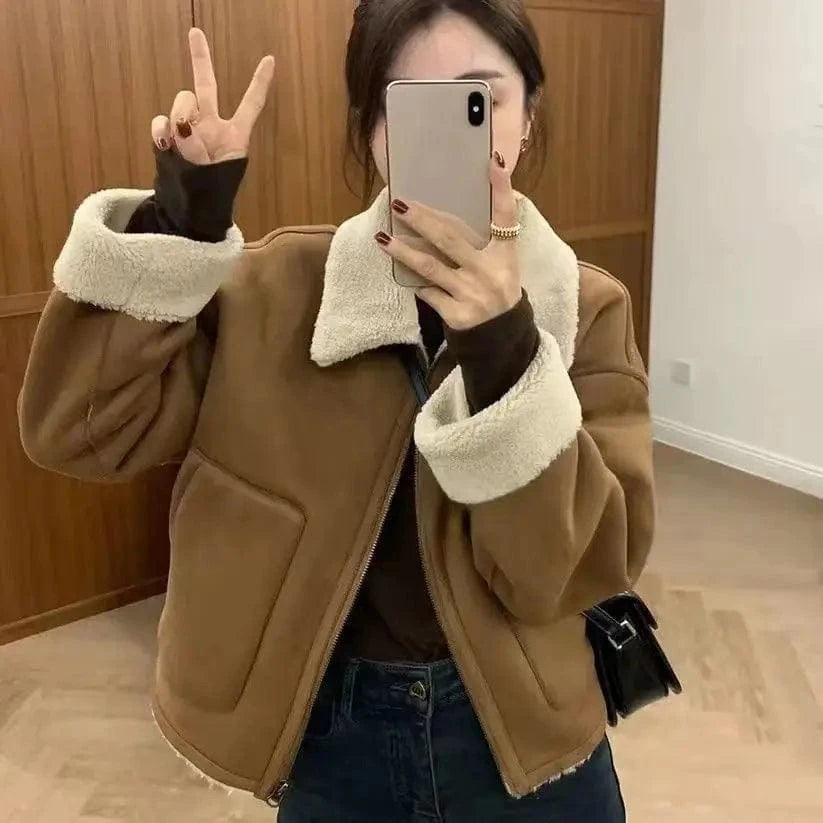 M / color1 Liu Ming Popular Fashion 2024 Autumn Winter Women Thick Jacket Warm Outwear Patchwork Faux Lamb Wool Fur Plus Size Coat