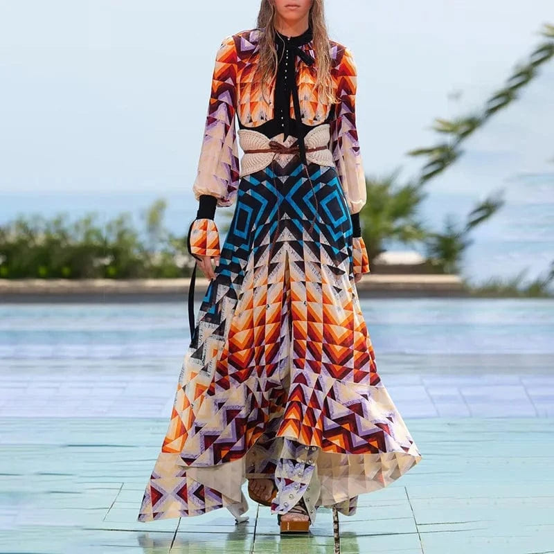 M / colored Casual Outfits For Women New Design Colorful Printed Summer Dresses Ladies Women Casual Lace-Up Full Sleeve Elegant Party Gown