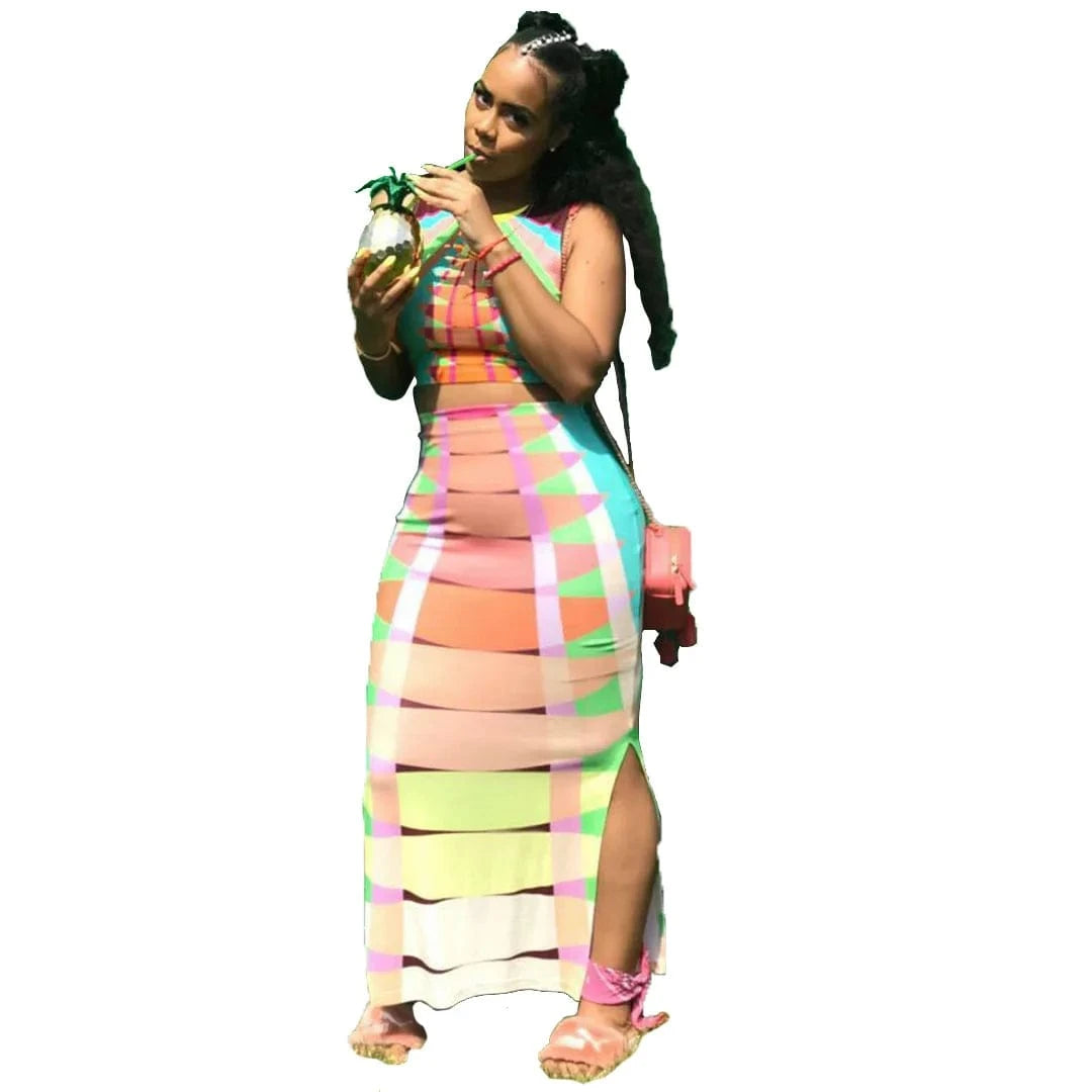 M / Colorful 2024 New Alternating Colorful Striped Top Set Sleeveless Round Neck Positioning Print Sexy Irregular Maxi Dress Two Piece Set