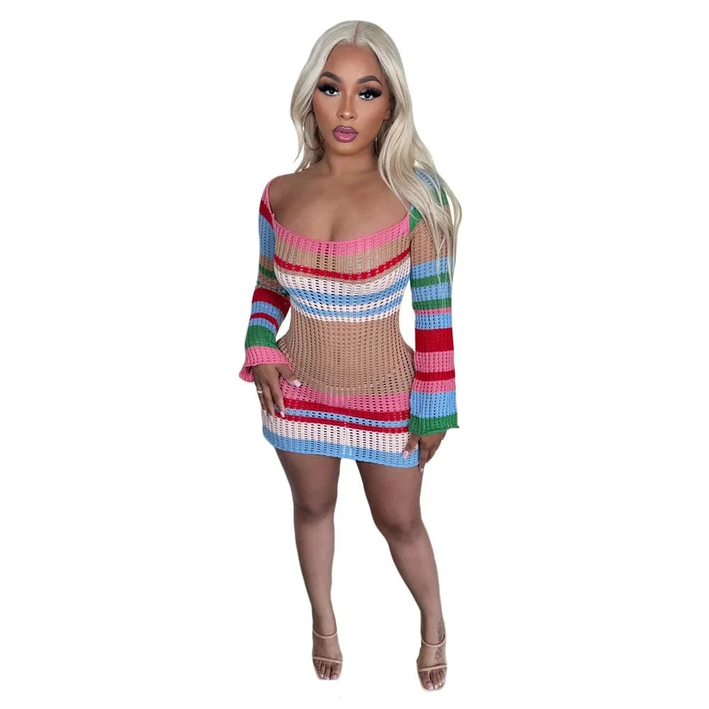 M / colorful Wholesale fashion stripe hollow out long sleeve dress knitted sweater short dress women clothing