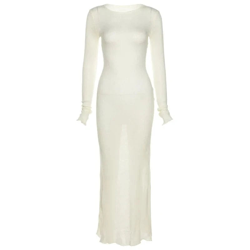 M / Creamy-white Y2K Basic O-neck Long Sleeve Maxi Dress Women Autumn Knitted Bodycon Dress Fairy Christmas party Dress Casual Streetwear