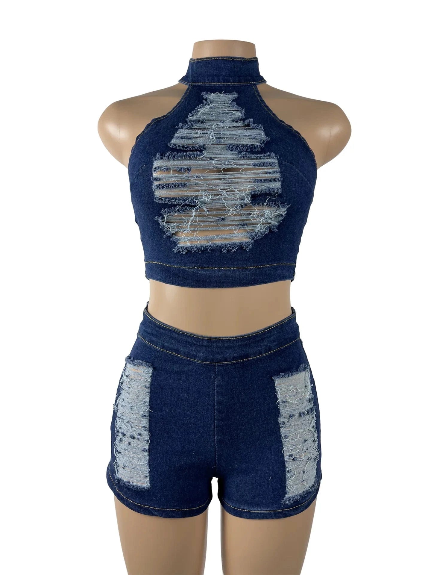M / Dark blue 2024 summer clothing denim jeans fashion boutique two piece ripped hot sexy shorts set