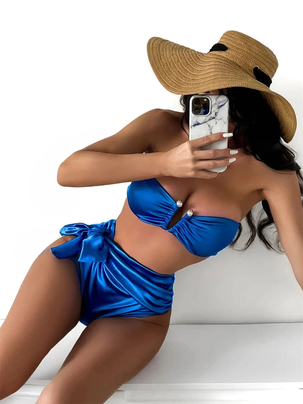 M / Dark blue High Waist Bikini Set 2024 sexy Shiny Pearl Swimsuit String Sexy Swimwear Romantic Beach Wear Strapless Women's Sequin Bikini