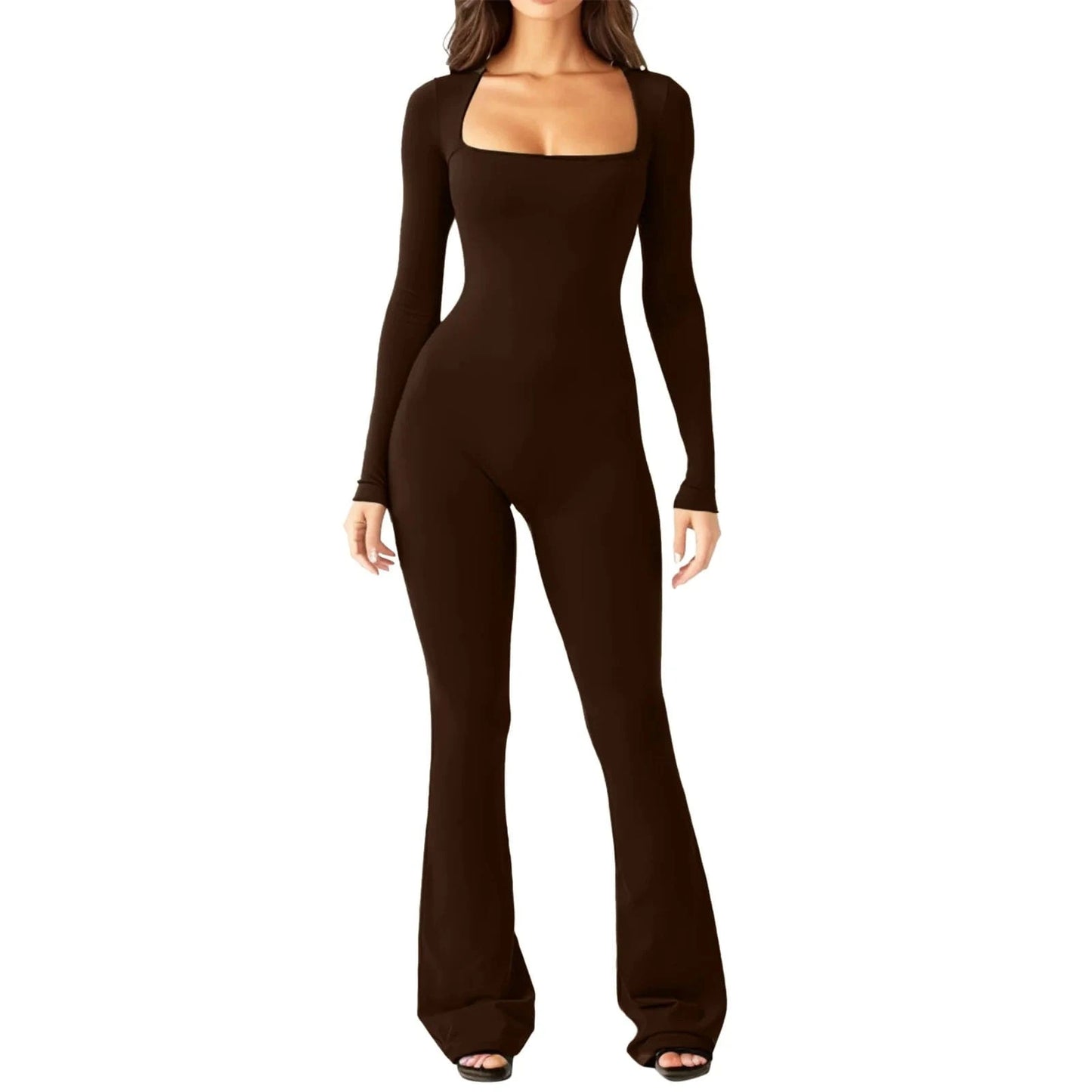 M / dark curry DAMOCHIC Lady Jumpsuit Playsuit Bodysuits Bodycon Autumn Winter Long Sleeves Jumpsuit High Stretch Tight Skinny Long Jumpsuits