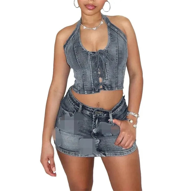 M / Dark Gray 2024 Summer Denim Women's Set Sleeveless Halter Tops and Bodycon Mini Skirts Suit Two 2 Piece Sets