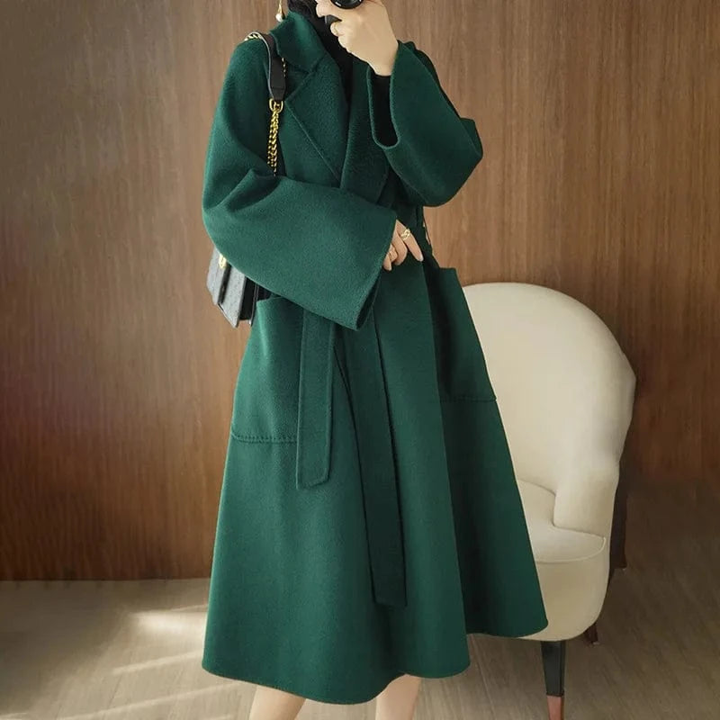 M / Dark Green Factory Loose Belted Wool Coats Water Wave Turn Down Collar Elegant Women Cashmere Coat