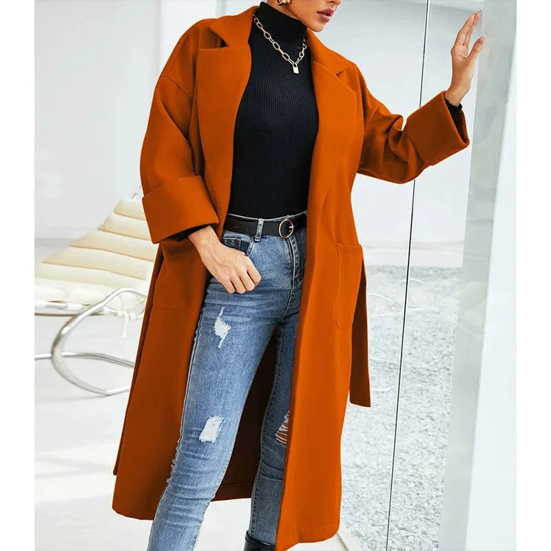 M / Embroidered brown DAMOCHIC New British Style Ladies Long Woolen Coat Fall Winter Elegant Casual Outwear with Belt Wool Blends Women Trench Coats
