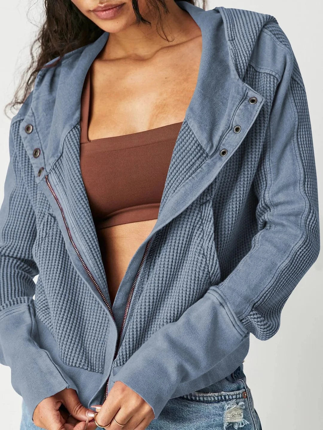 M / EWLA074 blue DAMOCHIC Autumn Sweatshirt Cardigan Casual Outfit Zipper Jacket Sweatshirt Hooded Winter Waffle Patchwork Women Fall Coats 2023