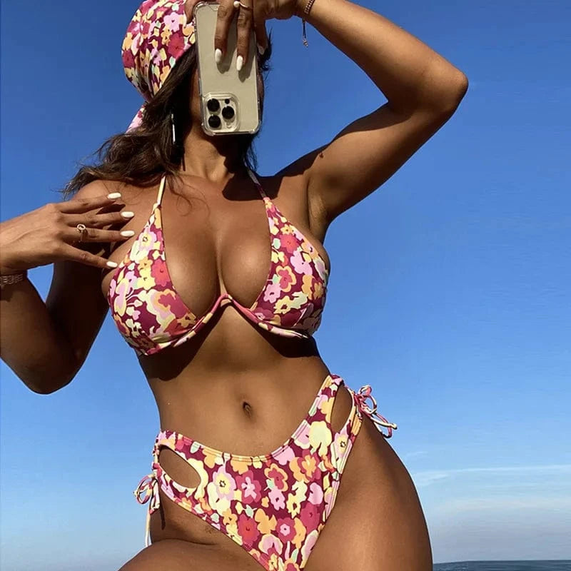 M / Floral Customization Bikini Set 2024 Girls Sexy Bathing Suits Spaghetti Strap Flower Swimwear Underwire Swimsuit Push Up