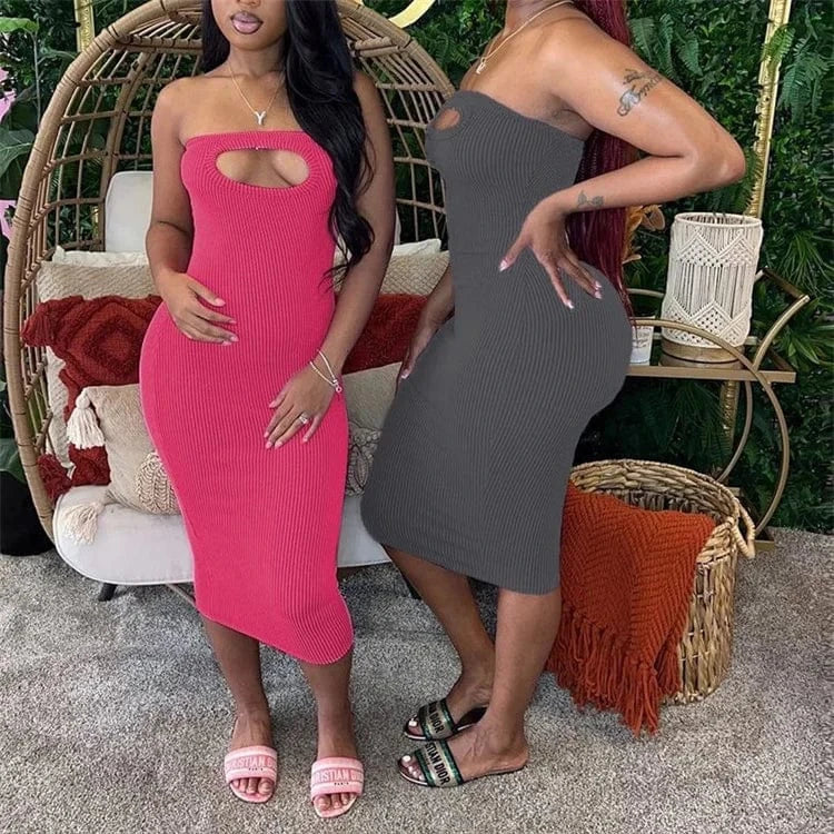 M / Fuchsia Sexy Y2K Ribber Solid Hollow Out Bodycon Tube Dresses Women Off Shoulder Sleeveless Backless Slim Dress