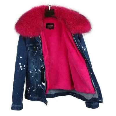 M / Fuschia 2 Women Denim coat Faux fur thick lining coat raccoon fur Big collar bomber jacket
