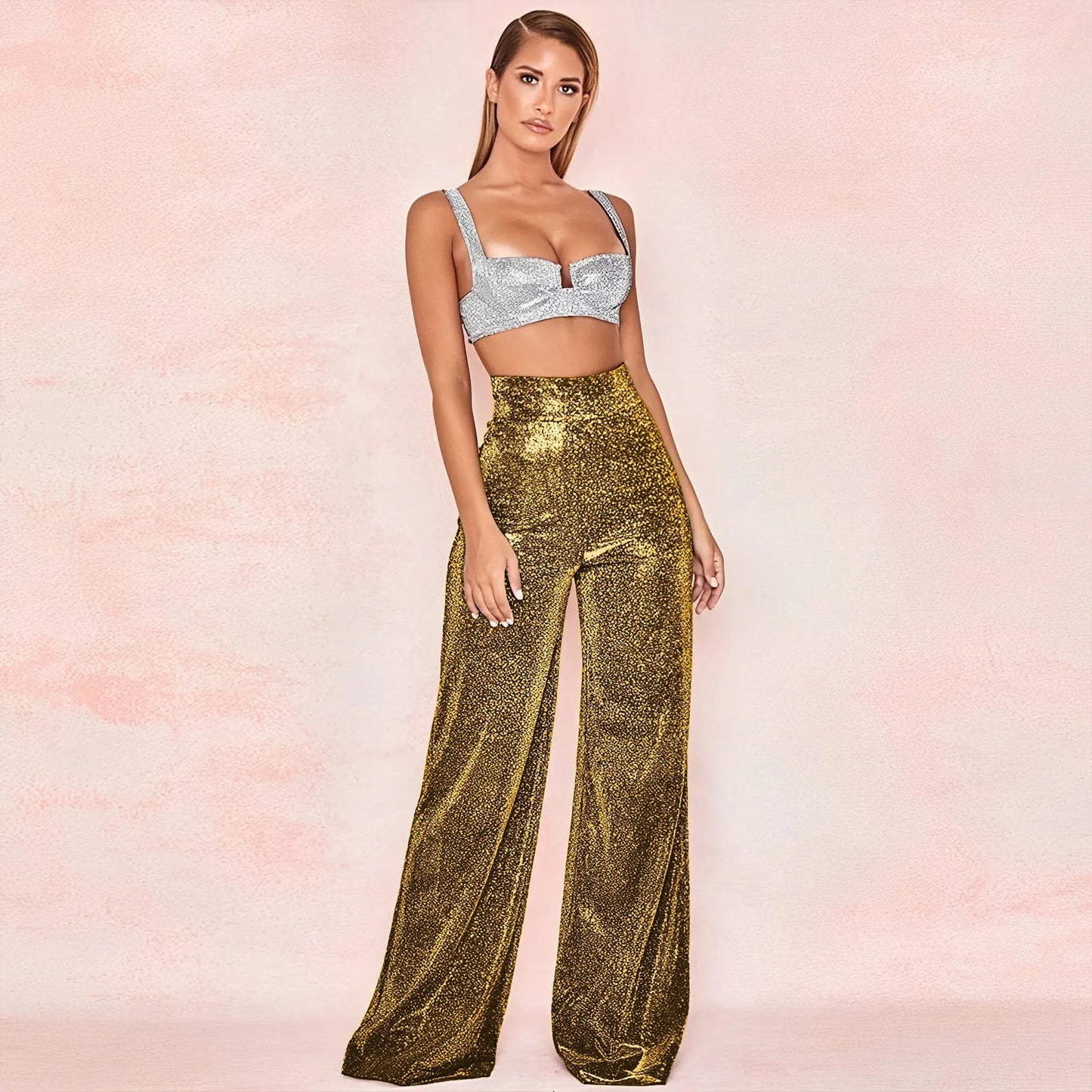 M / Gold DAMOCHIC Custom Logo Wide Legged Women Pants Red Sequin Trousers for Ladies High Waist Loose Back Zipper Wholesale Palazzo Pants