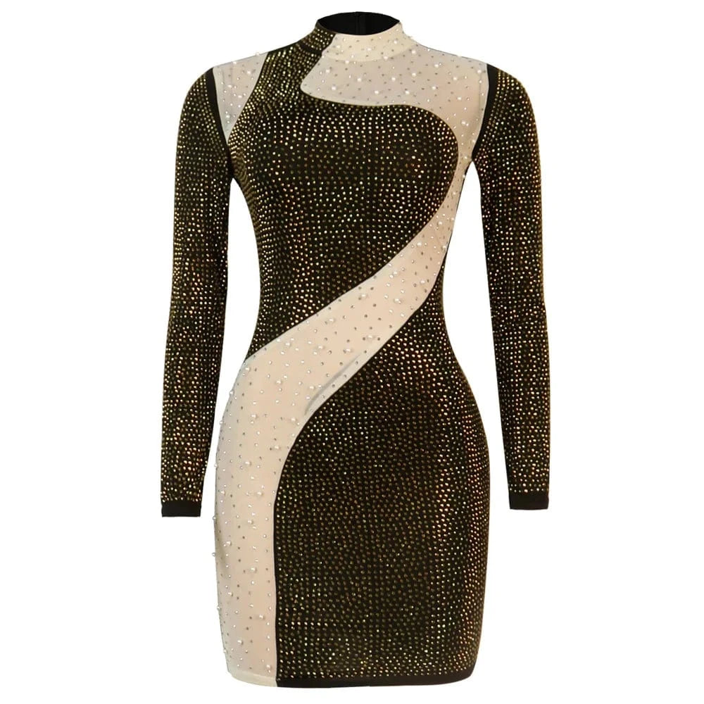 M / Golden AF001 New Arrival Beaded Dress Long Sleeve Fashion Rhinestone Bodycon Zipper Club Party Autumn Dresses
