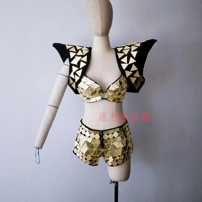 M / Golden Shiny Bling Sequins Bikini Bra + Shorts 2 Piece Set Women Exotic Dancewear Outfit Set Club Show Singer Stage Performance Costume