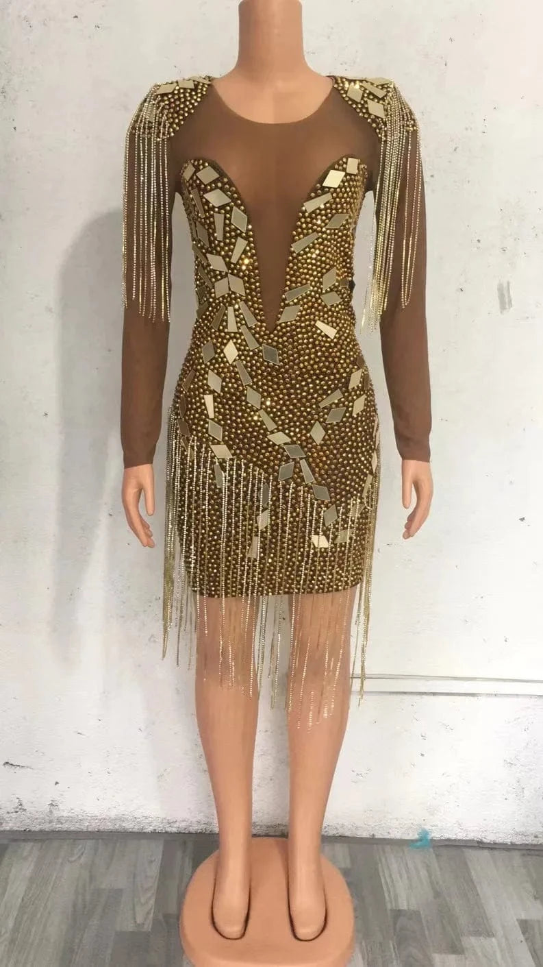 M / Golden Vestido Saias Sparkly Crystal Sequin Tassel Dress Bridesmaid Wedding Birthday Party Dress Women Bodycon Club Short Prom Dresses