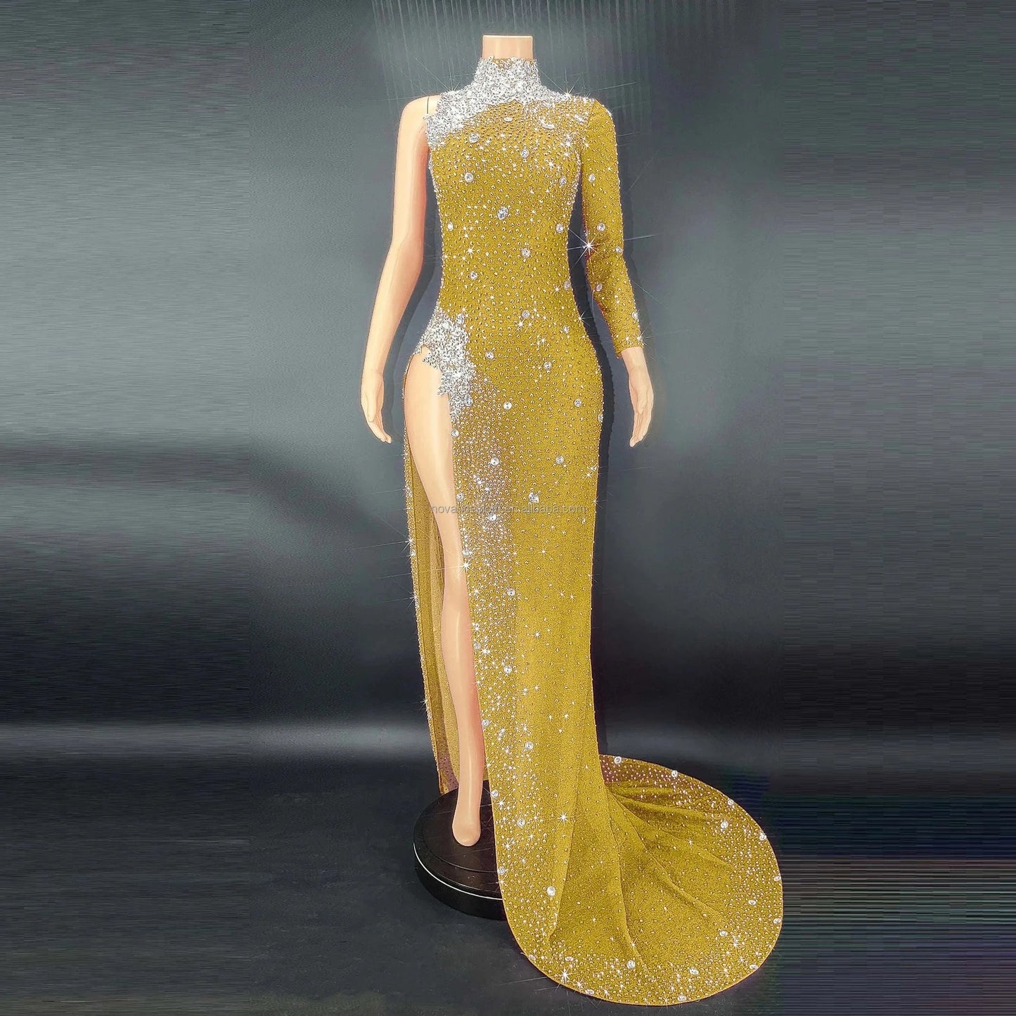 M / Golden Wholesale Clothing Vendor Mint Stylish Maxi Dress With Long Sleeve Evening Dress One Shoulder Luxury Party Vetement Pour Femme