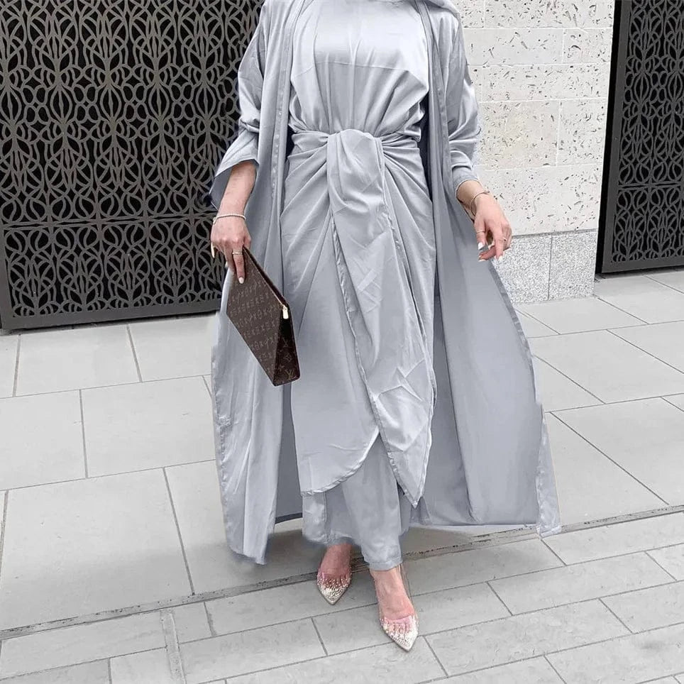 M / Gray New Designs Arrival Satin Dress Set For Women With Hijab Slip Inner Dress Outer Abaya