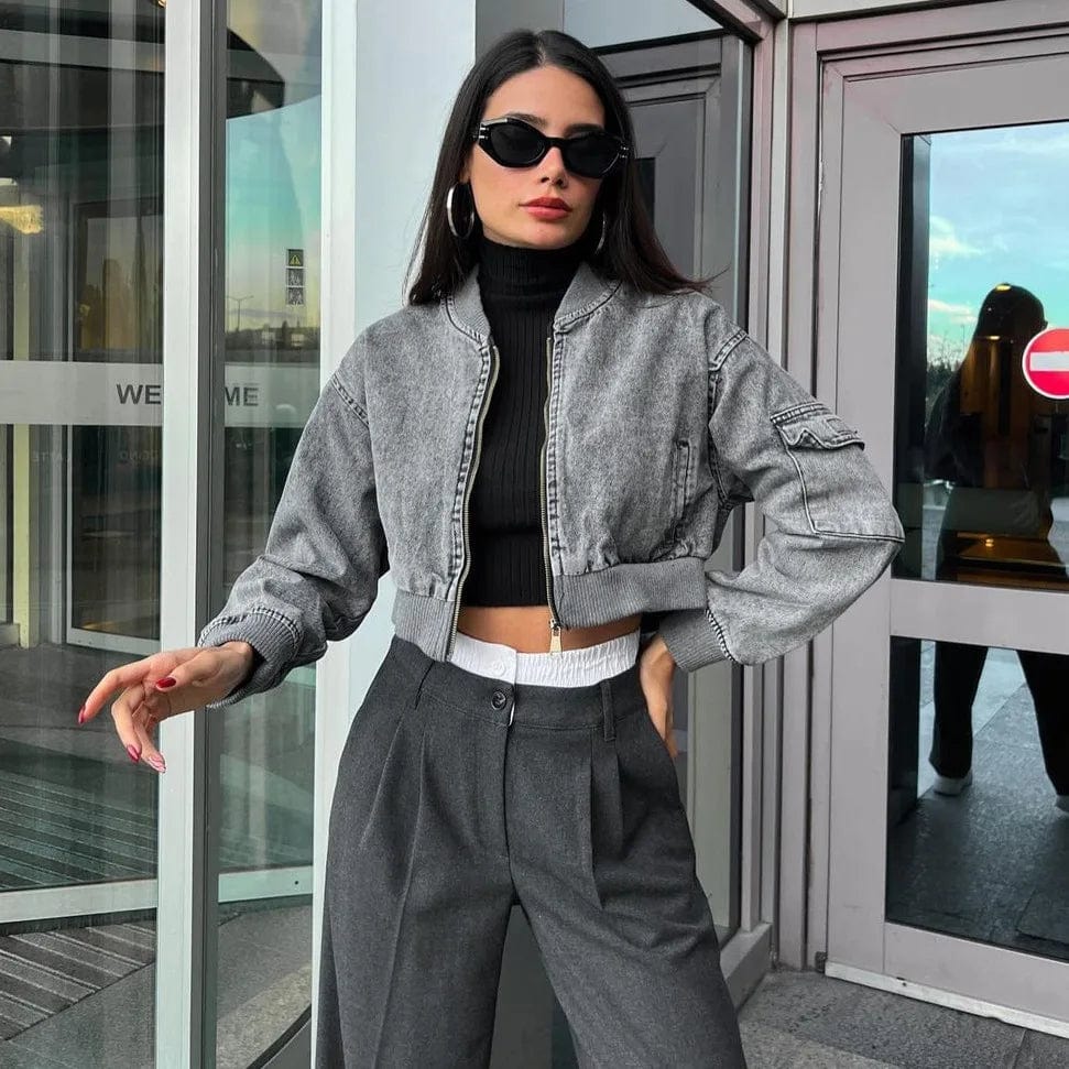 M / Gray OUDINA 2024 Street Style Spliced Women's Denim Jackets & Coats Short Retro Ladies Autumn Fashion Baseball Jacket