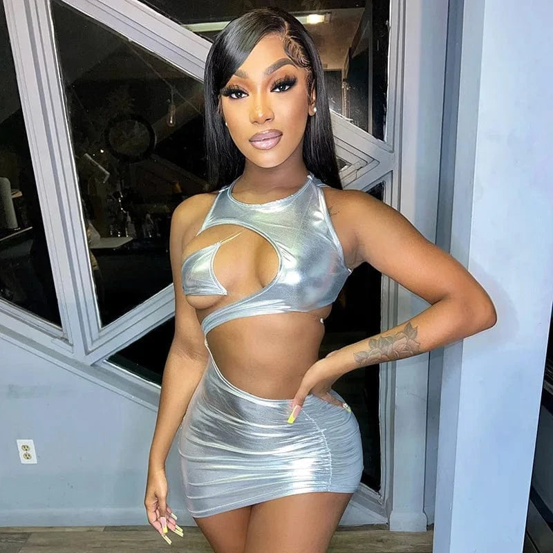 M / Gray Sexy Club Body Con Mini Dress Women Clothing Sexy Halter Hollow out  Bronzing Dress Womens Dresses for Ladies