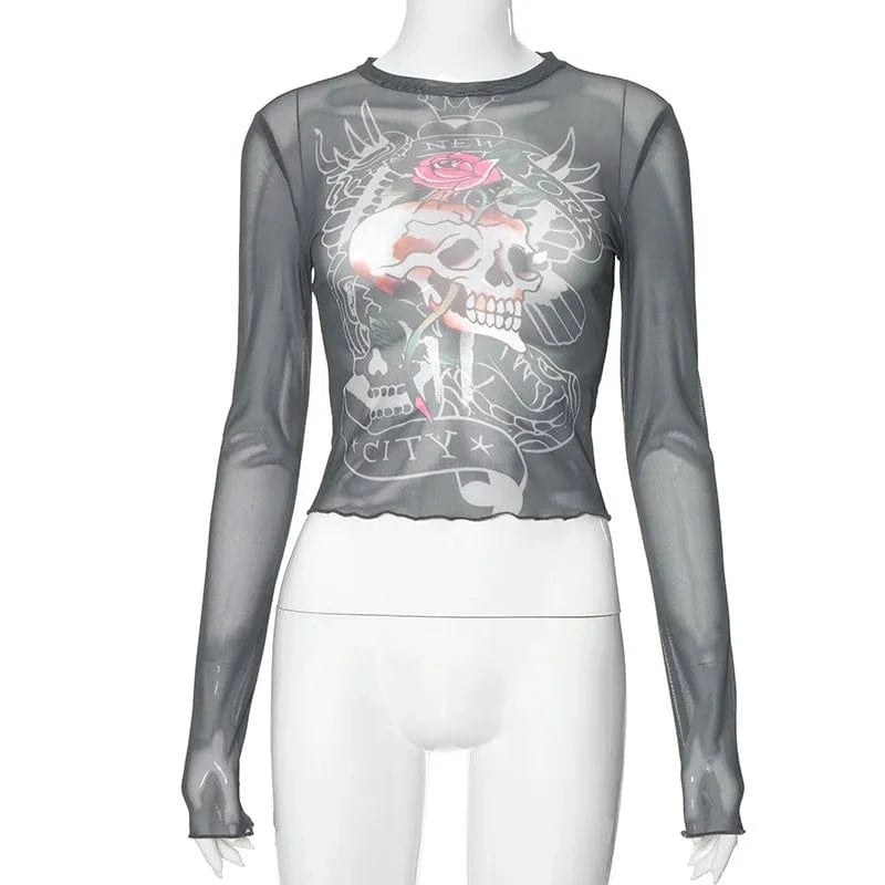 M / Gray / Spandex / Cotton 2024 spring wholesale women clothes boutique long sleeve sexy mesh digital print t shirt