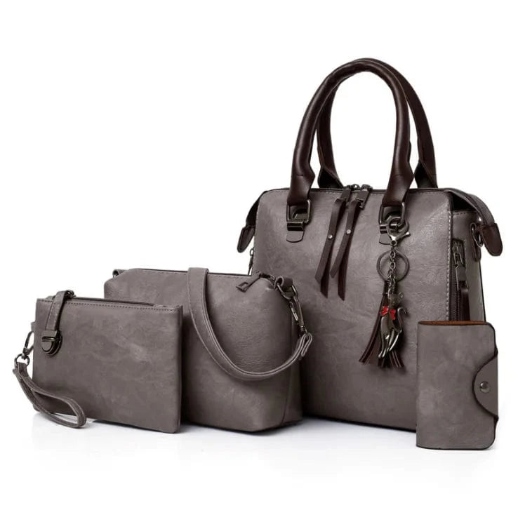 M / Gray Wholesale Fashion Ladies PU Leather Hand Bags Shoulder Purse Card Holder 4pcs Handbags for Women Luxury Set