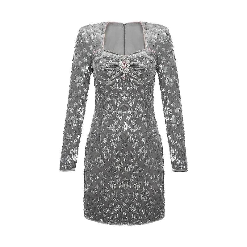 M / Gray ZYHT 21107 New Dresses 2024 Mini Sexy Short Dresses Women Party Wear Ladies Elegant Velvet Sequin Dresses