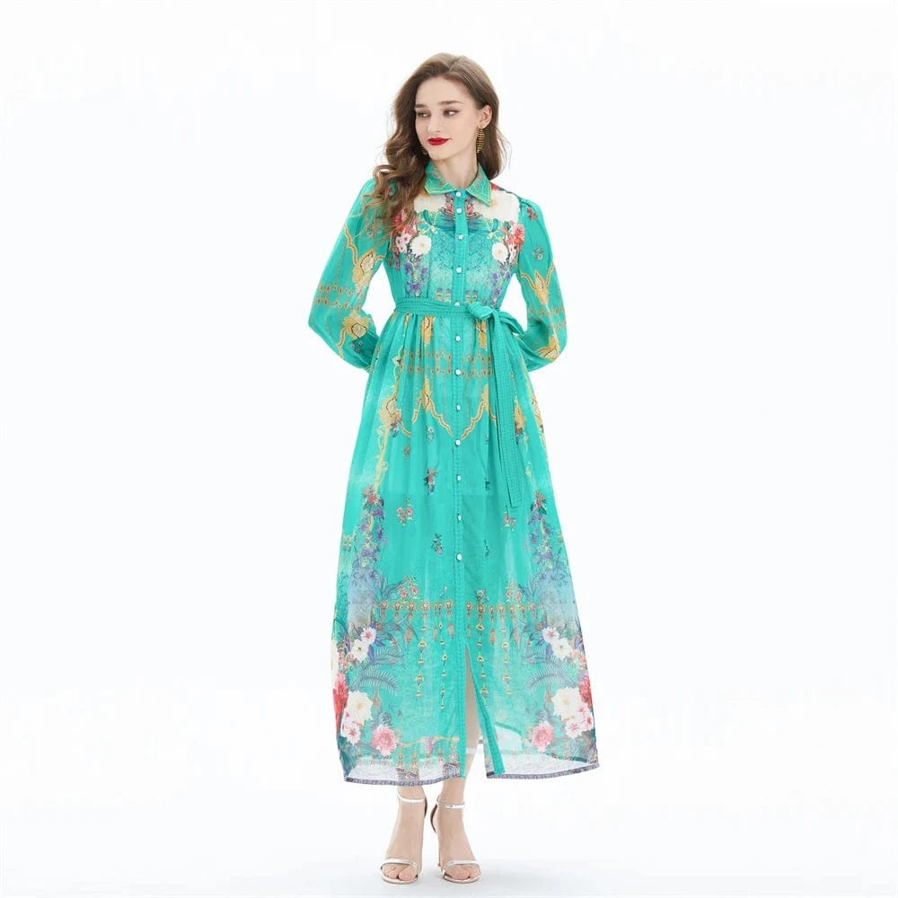 M / Green 2024 Chiffon printed long sleeved large skirt with a waist up dress - two-piece set XY2042083