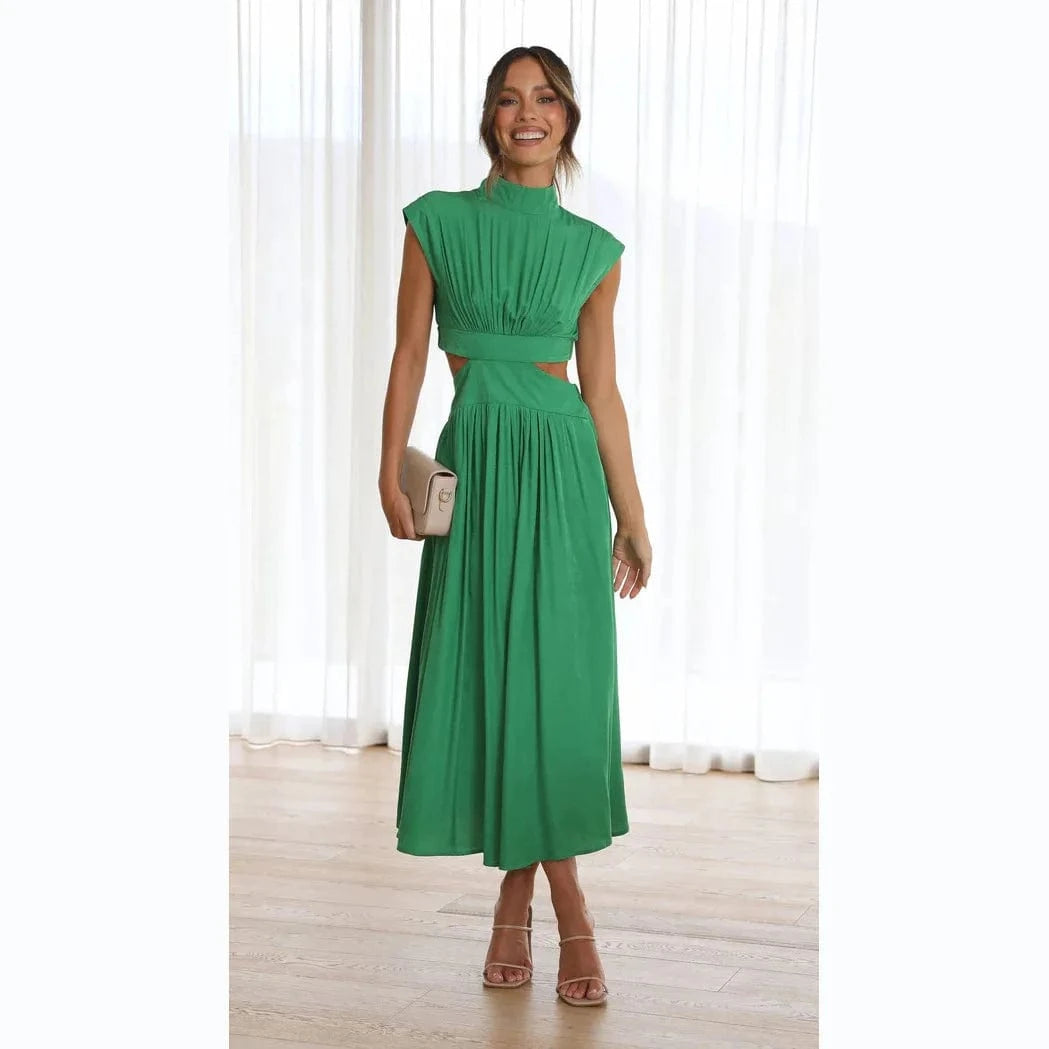 M / green 2024 Girls Summer Hot Sale New Casual Solid Color Sweet Fashion Street Summer Stand-up Collar Macaron Color Long Dress