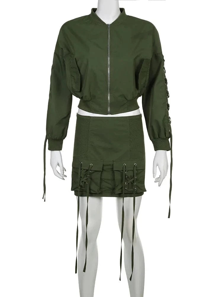 M / Green 2024 Hot Sale Autumn Streetwear Cargo Jacket Women Sexy Two 2 Piece Skirt Sets