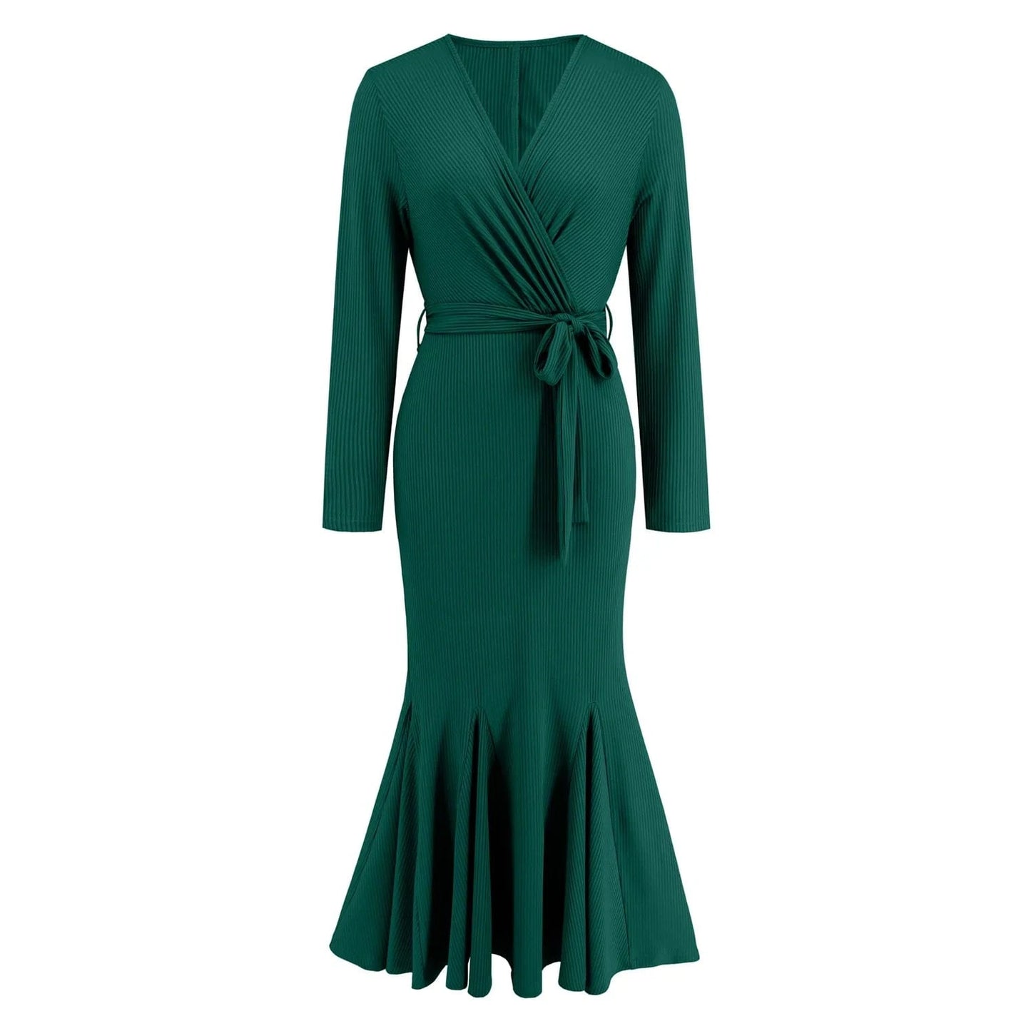 M / Green 2024 new arrivals luxury high quality women ladies casual elegant black long sleeves Trumpet Mermaid midi dress with belt