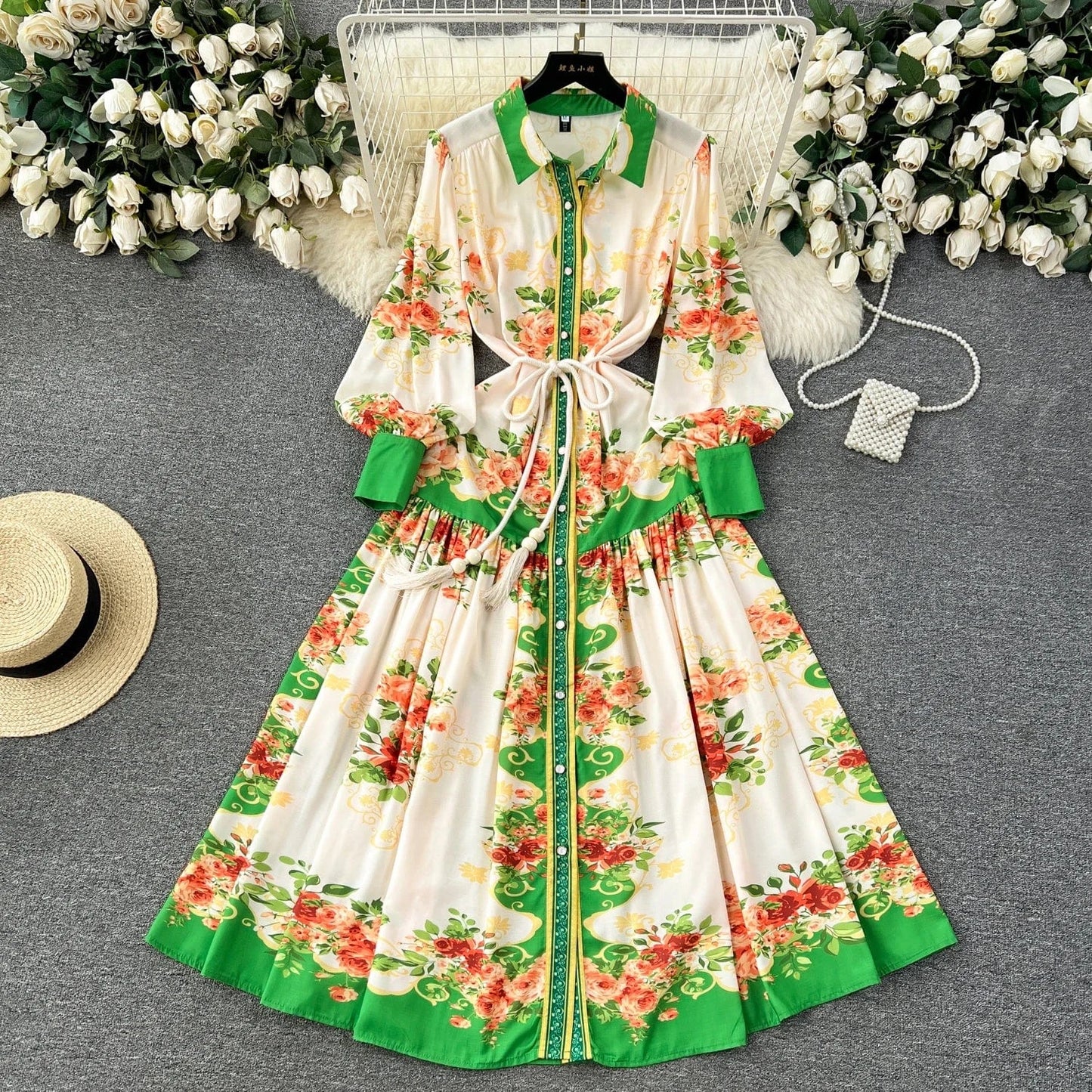 M / Green 2024 Spring Autumn Retro Style Evening Gown Lantern Long Sleeve Belted Slim Single-breasted A-line Print Dress