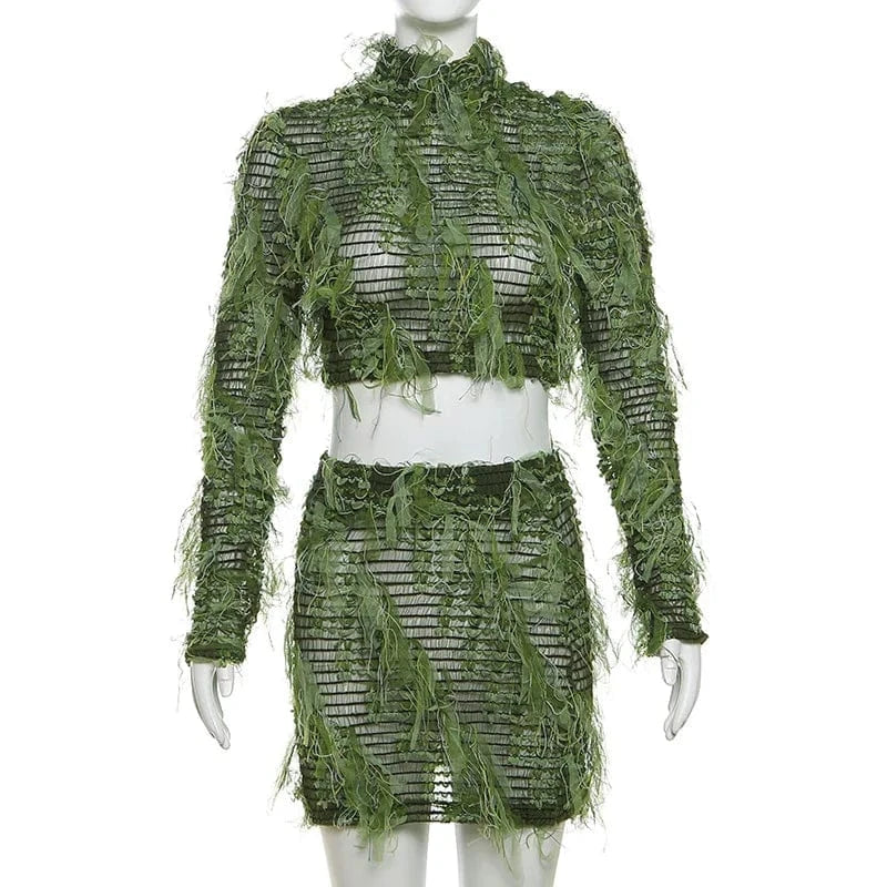 M / Green 2024 Spring Summer Women's Clothing Streetwear Fuzzy Long Sleeve Crop Top Pencil Bodycon Skirt Two Piece Set Sexy Outfits