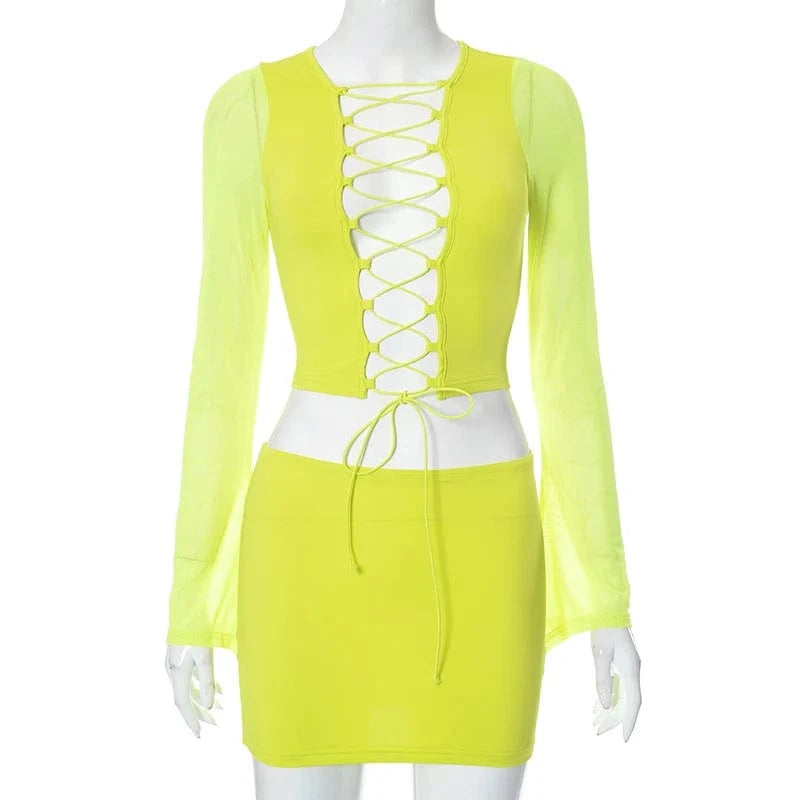 M / Green Bomblook D23ST160 Fall Mesh Sleeve 2 Piece Set Women Mini Skirt And Top Set For Women Lace Up Outfits Set For Women