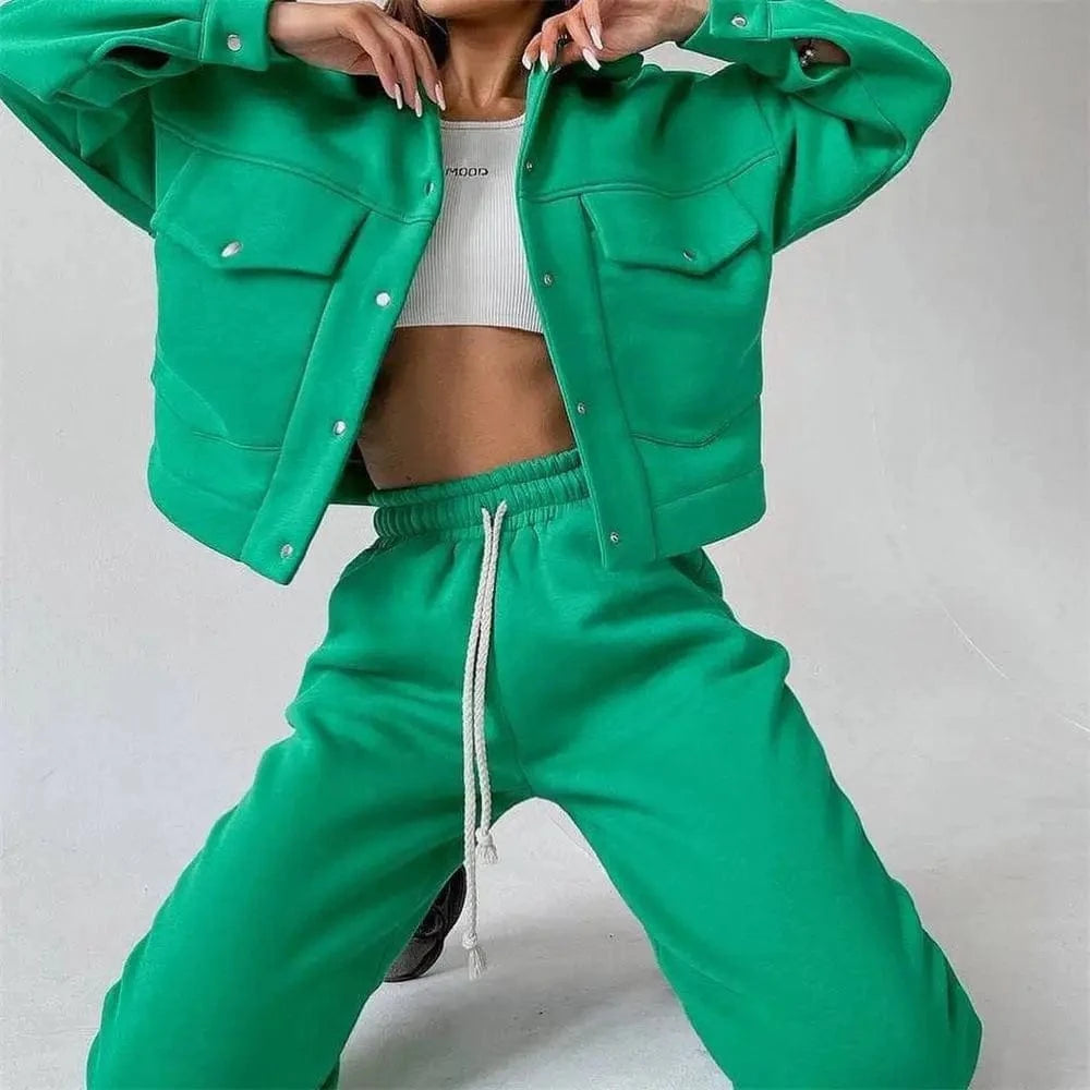 M / Green Custom Winter Clothes for Women Pocket Workout Jacket Jogging 2 Two Piece Pants Set Sweat suit Tracksuits Sweatsuit fitness Set