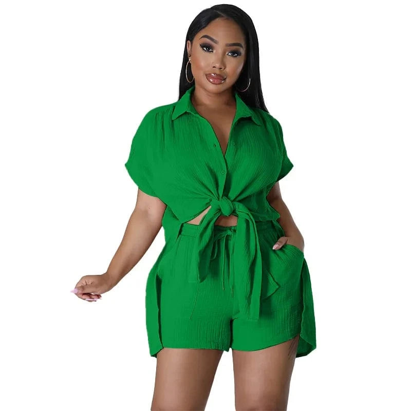 M / Green DAMOCHIC Wholesale Matching Sets Women Loose Solid Color Ladies Clothing Shirt Tops and Shorts Two Piece Set Summer 2023