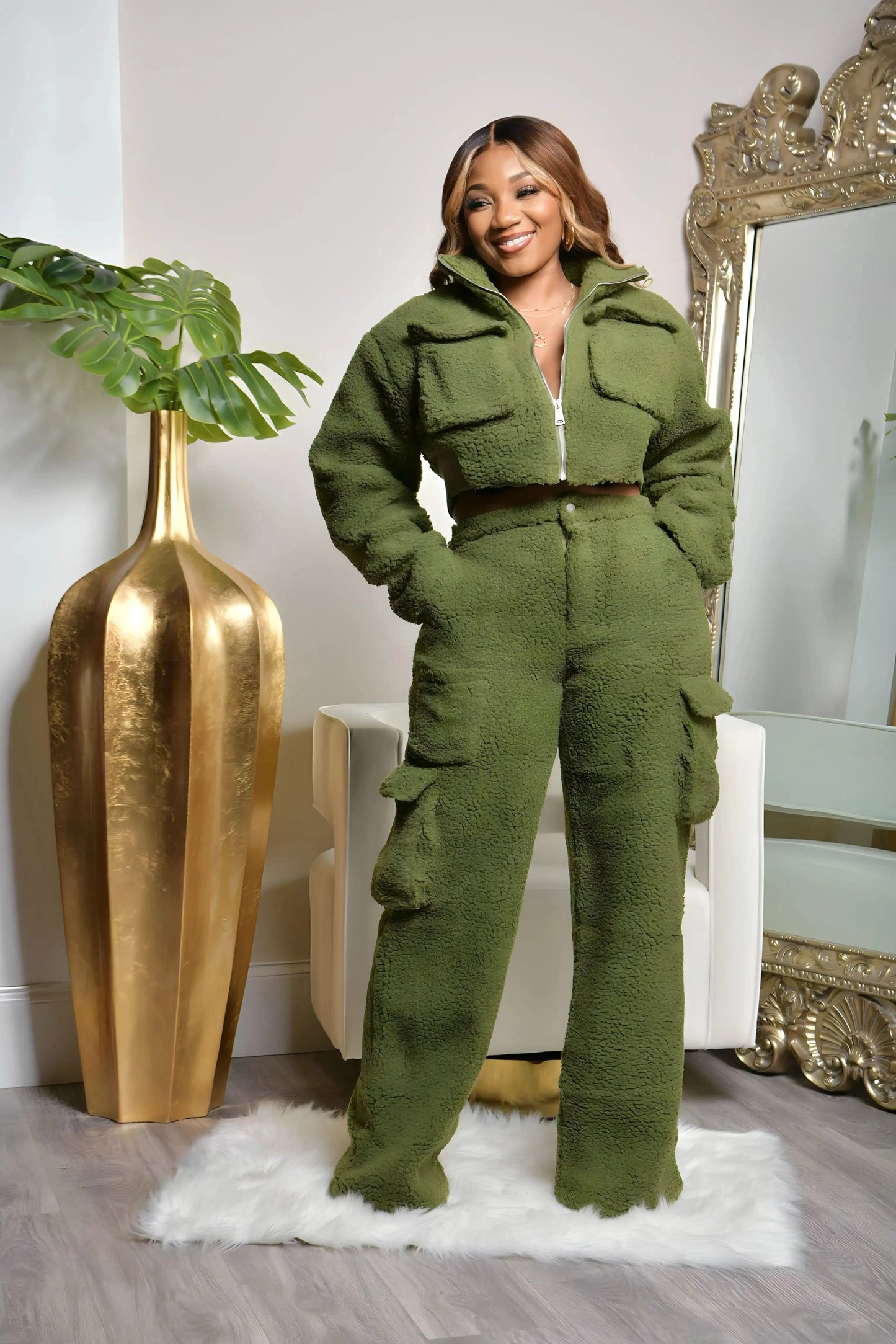 M / Green Fuzzy Lounge Wear Set Warm Thick Fleece Jogger Set Women Woman Winter Fleece Sweat Suit Female Cargo Pants Sets