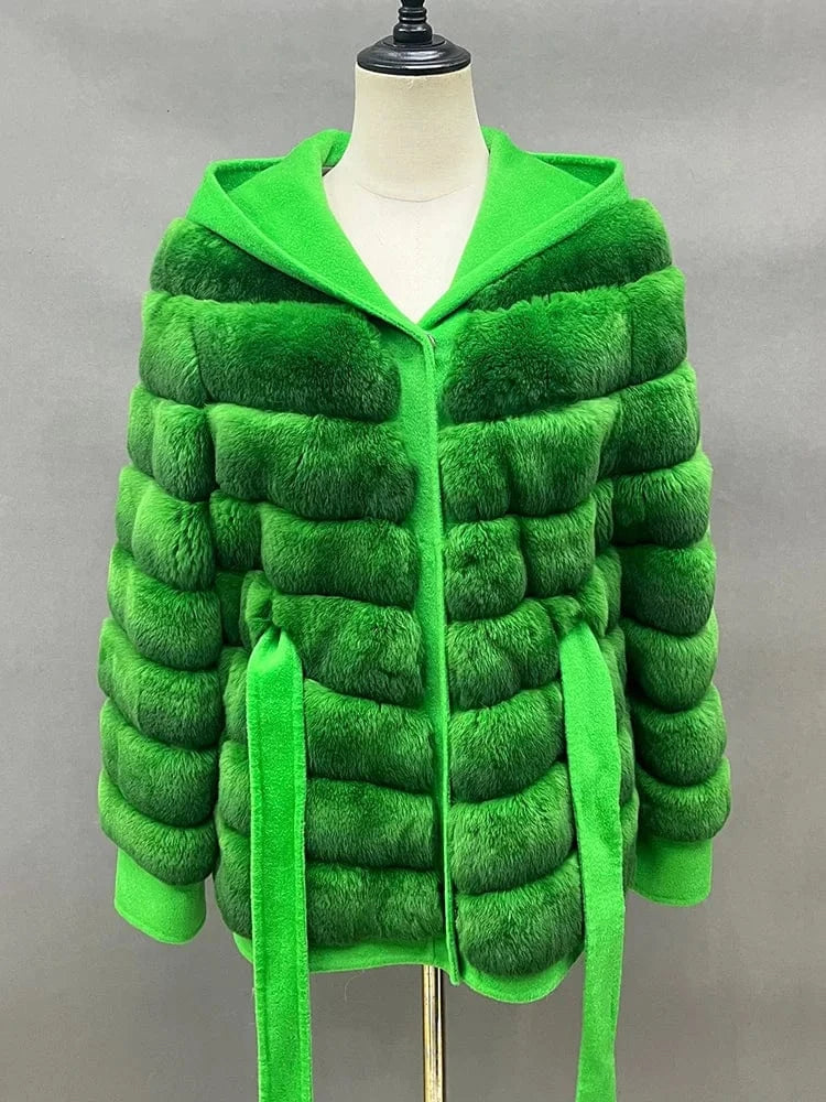 M / Green Hot Sale Detachable Double Sides Wool Hooded Patchwork Rex Rabbit Fur Coat for Women